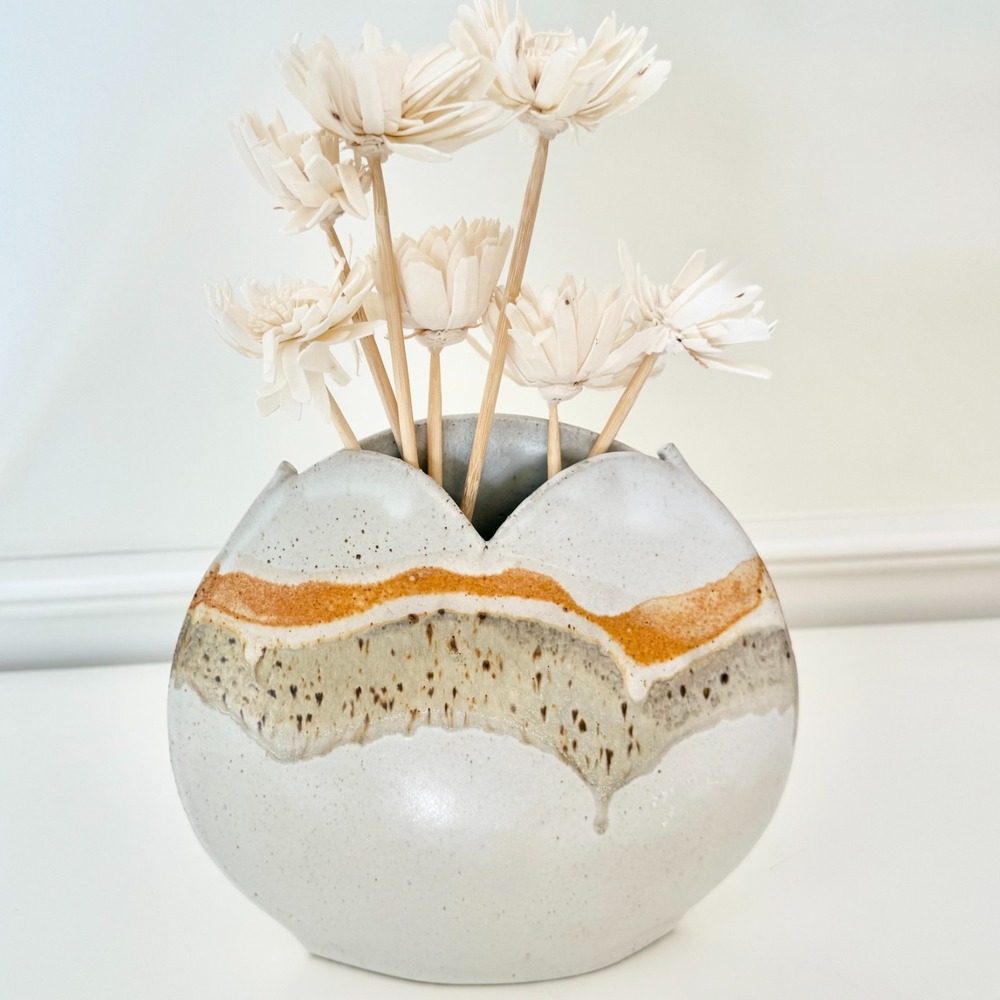 Robert Parrott Studio Stoneware Vase Drip Glaze Notched Rim, Earthy Organic ~ 9"